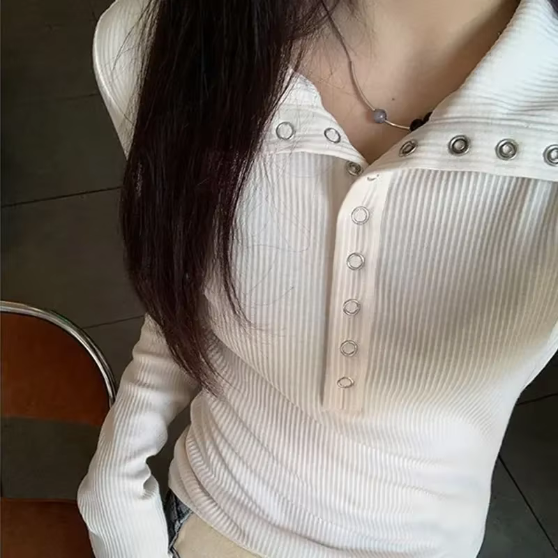 Y2K High Street femmes chandails nouveau gris blanc boutonné bas pull femme coupe ajustée à manches 
