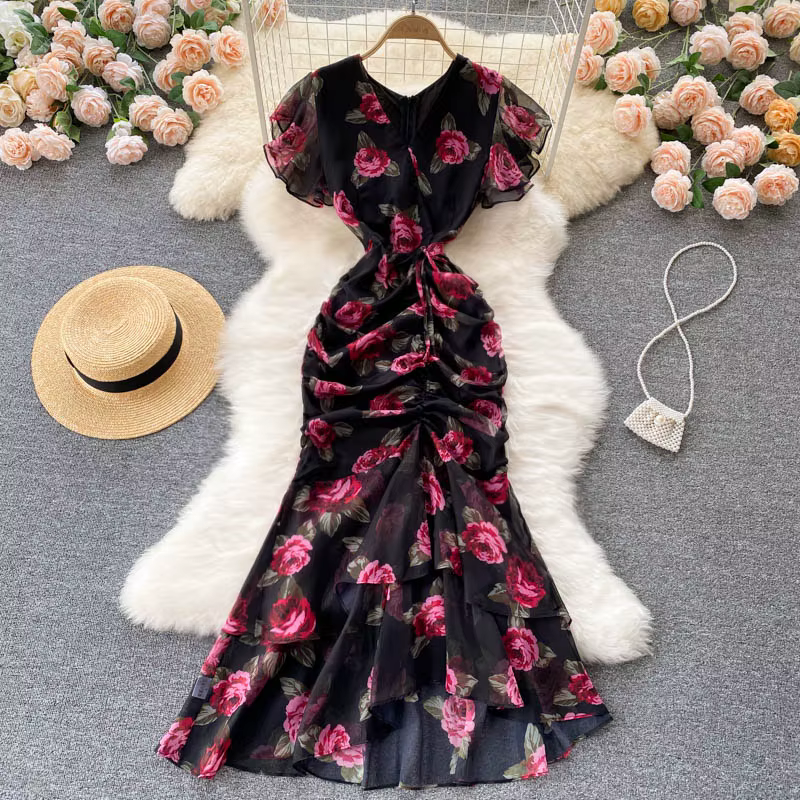 Robe vintage en mousseline de soie, élégante, col en v, à volants, décontractée, taille haute, pour