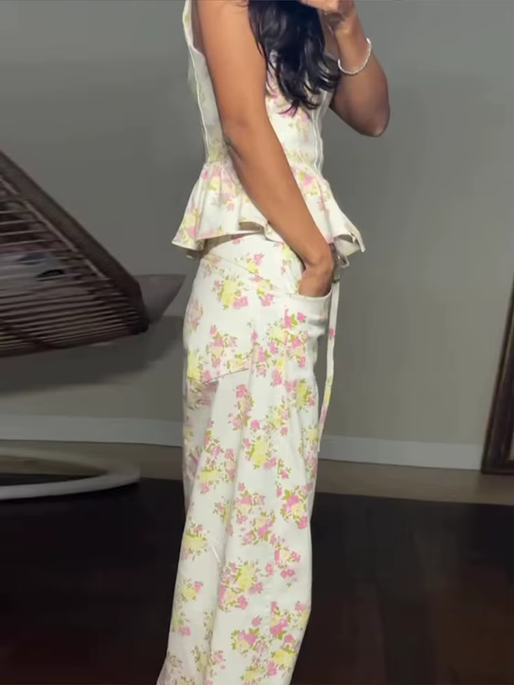 Ensemble élégant imprimé pour femme : débardeur à volants sans manches et pantalon large – Tenue de 