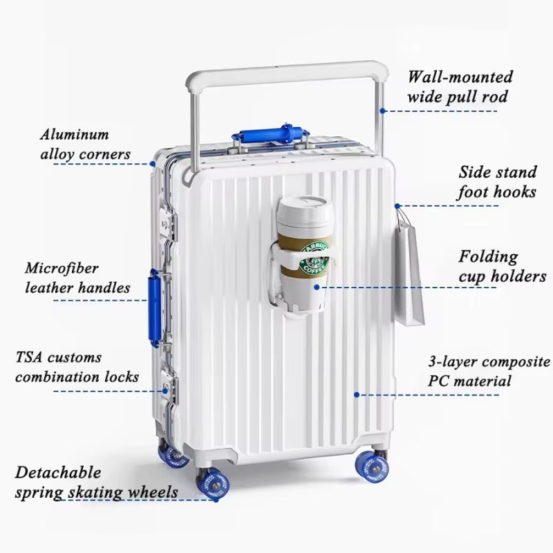 Valise à guidon large, bagage roulant, cadre en aluminium de grande capacité, boîtier de chariot ave
