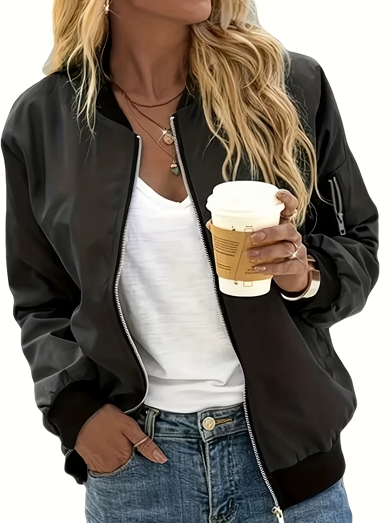 Veste bomber décontractée pour femme à manches longues avec fermeture éclair, coupe-vent léger avec