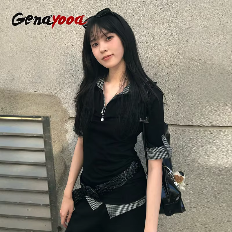 Genayooa américain rétro Patchwork chemise femmes demi manches chemises décontractées Y2k Vintage fa