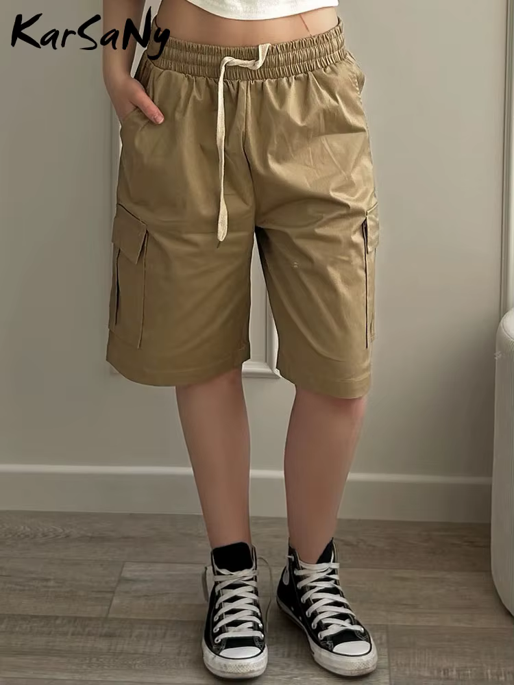 Short cargo taille haute pour femme, bermuda d'été, monochrome, grande poche, décontracté, jambe dro