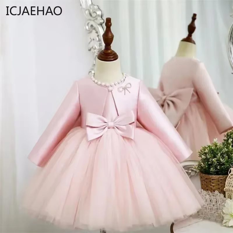 Robes de fête d'anniversaire pour petites filles, vêtements assortis en dentelle bouffante à manches