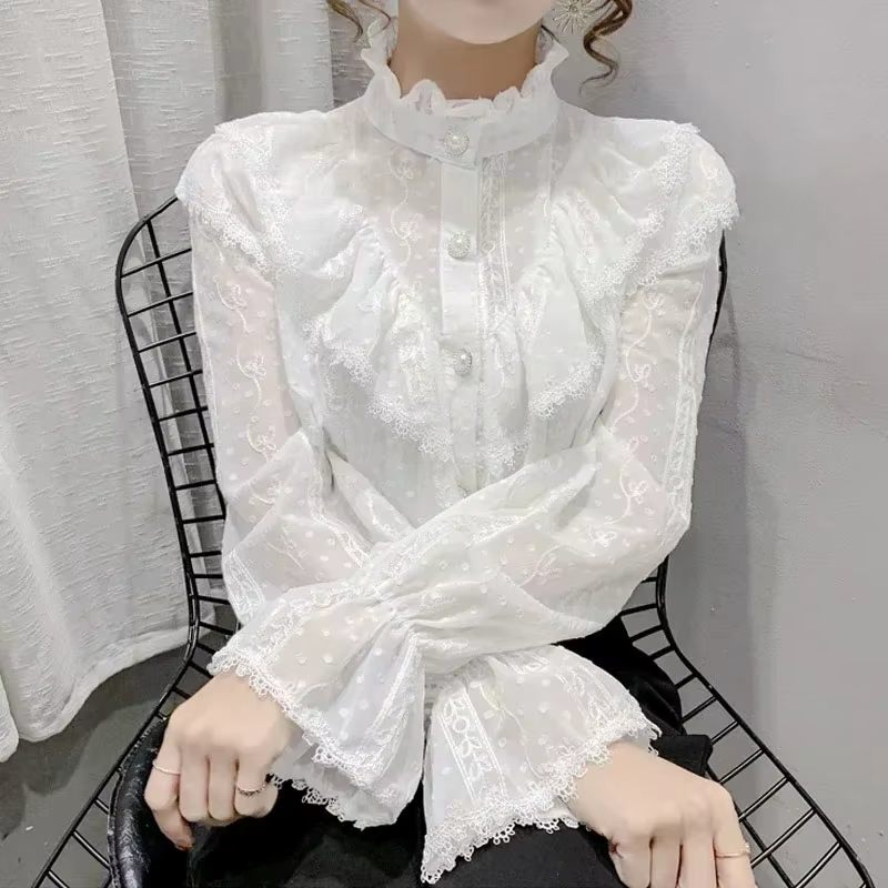 Manches longues lâche printemps mode bouton chemise blanche élégant col montant plissé hauts décontr