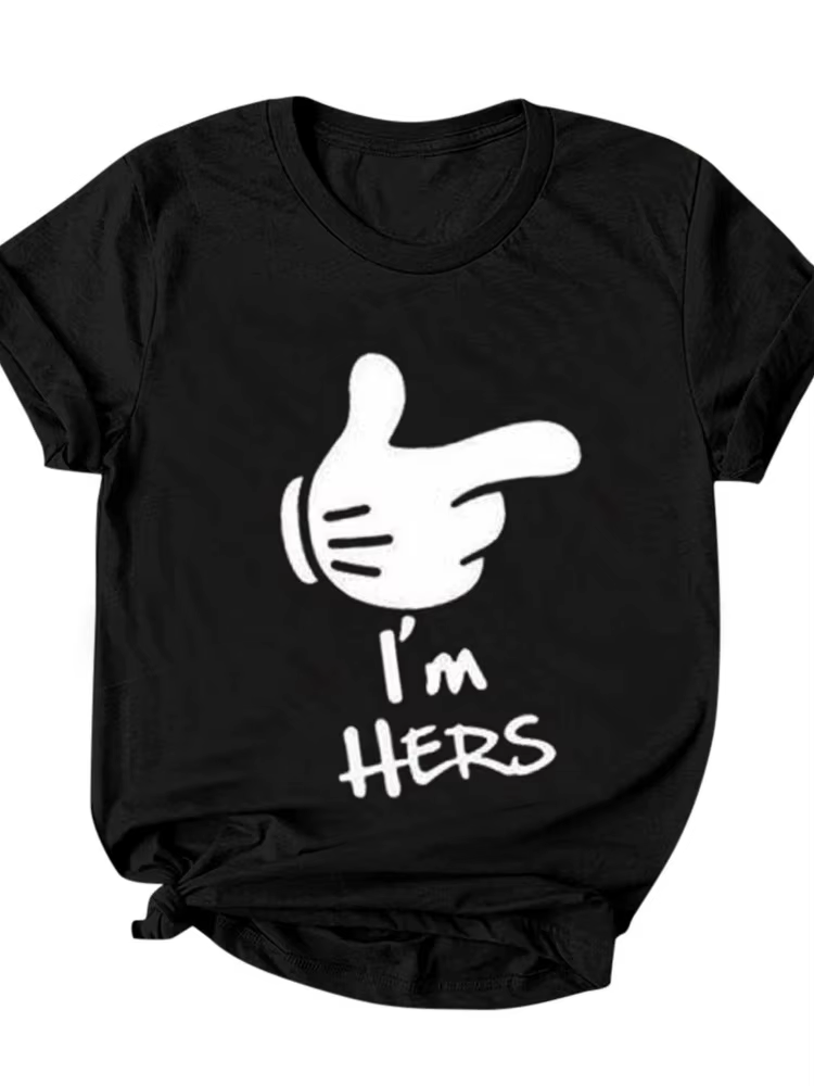 T-shirt manches courtes col rond pour couple, I'M Hers He's Succion Print, T-shirt à la mode pour le