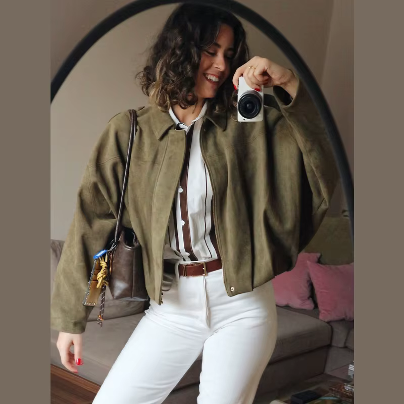 HXAO femmes Bomber veste revers fermeture éclair manches longues veste en daim femmes 2025 haute rue