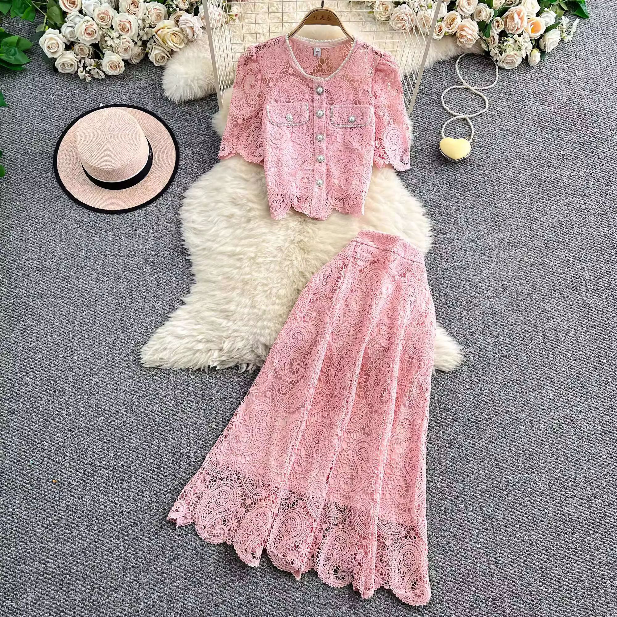 Robe longue élégante en perles pour femmes, ensemble 2 pièces, chemise en dentelle brodée de fleurs,