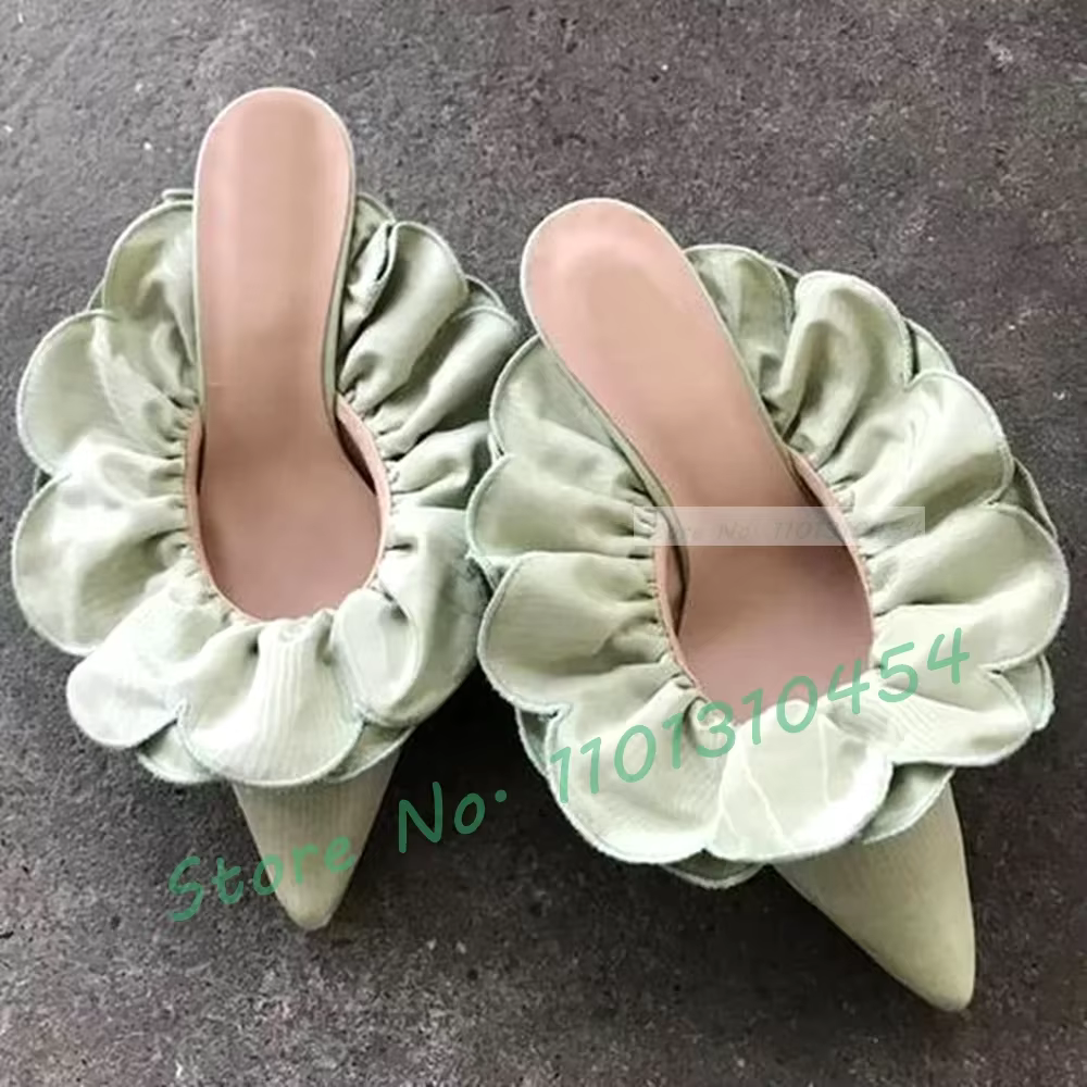 Mules à talons bas à volants verts pour femmes, fleur douce, design rond, chaussures pointues magnif