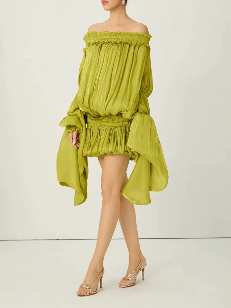 Robe ample unie à plis et empiècements TWOTWINSTYLE pour femme, col bateau, manches longues, robes a