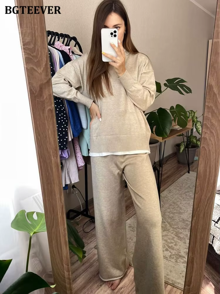 BGTEEVER-Ensemble 2 pièces décontracté pour femme, pulls patchwork, manches longues, jambe large, fj