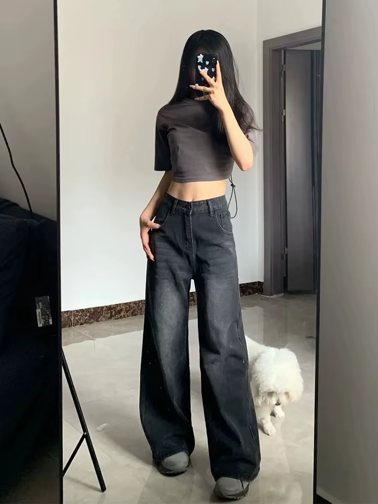 Jean Vintage coréen taille haute pour femmes, pantalon en Denim Baggy noir et gris, amincissant, en 