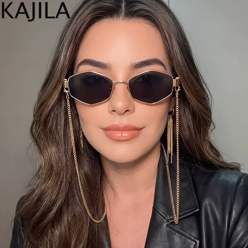 Lunettes De soleil hexagonales à petite monture pour femmes, Sexy, avec chaîne, marque De luxe De st