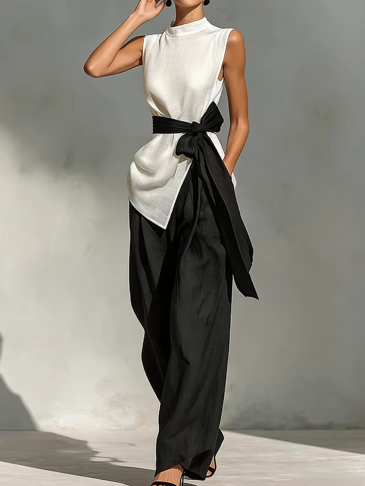 Nouvel ensemble deux pièces assorti pour femme, pull-over à col rond avec patchwork et laçage, tenue