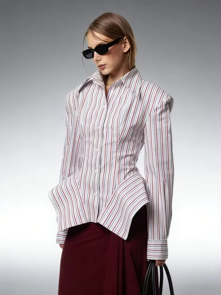 Chemisier rayé élégant DFDG pour femme, collection Printemps-Été 2026, col pointu, manches longues, 