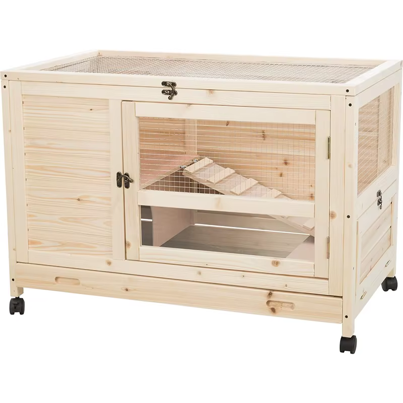 Lapin en bois à 2 niveaux pour l'extérieur, chalets avec rampe, roues, manipulation, mouvement, inst