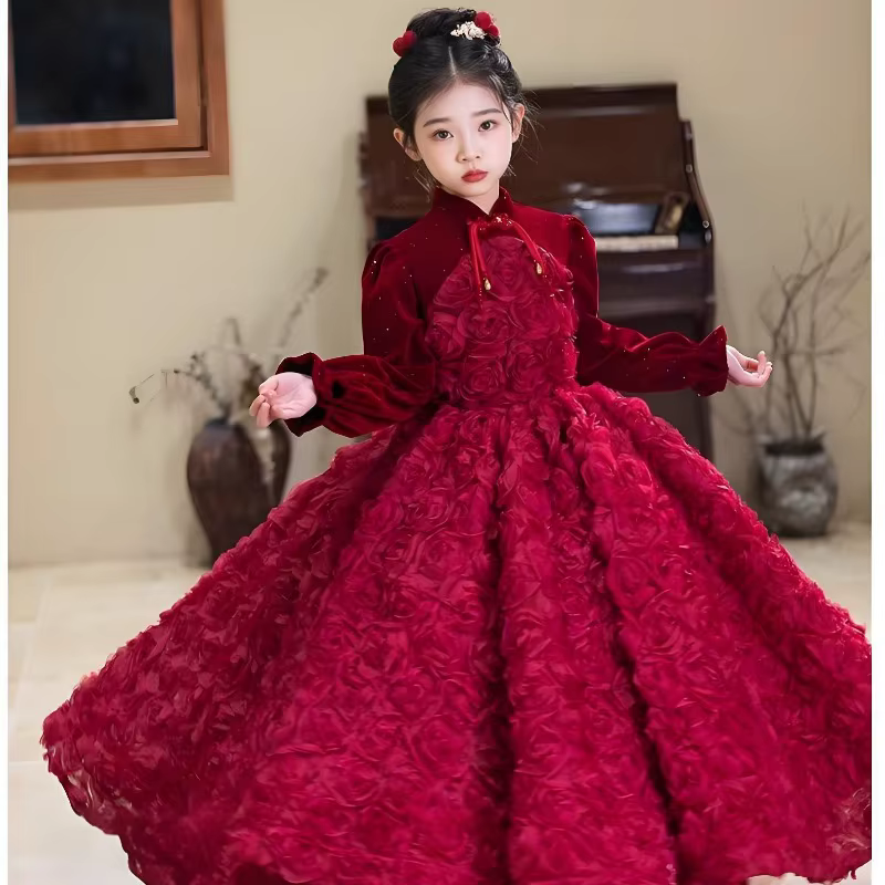 Robe de soirée formelle vintage bordeaux à manches longues pour filles, robe de princesse florale po