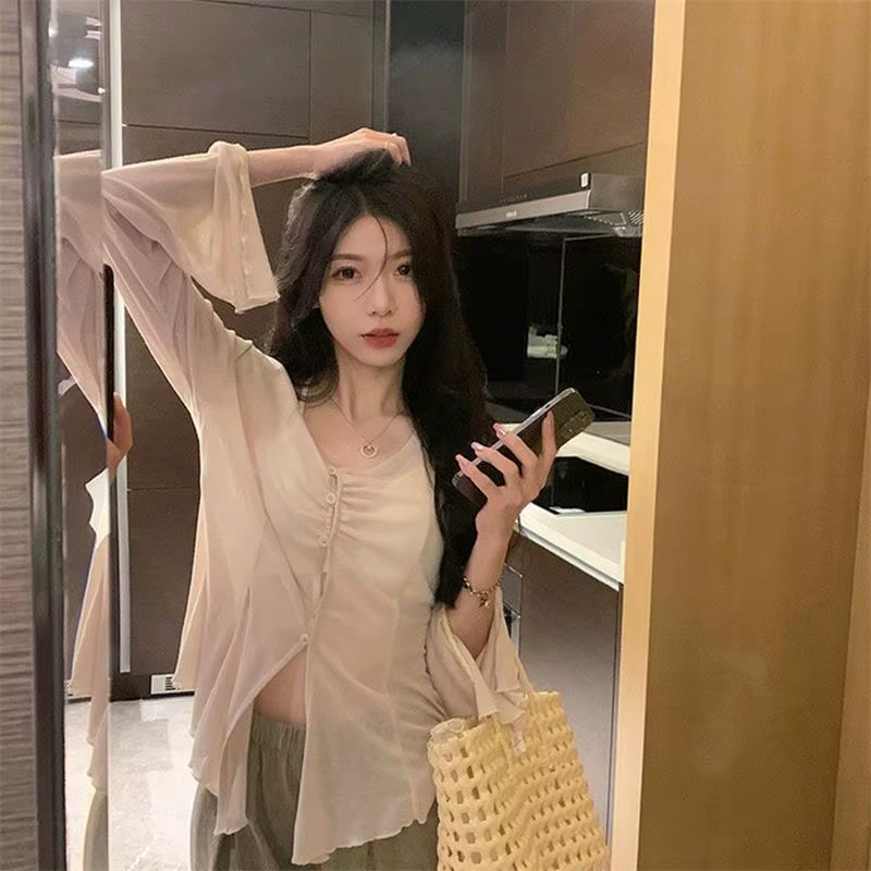 Cardigan fin d'été pour femmes, Sexy, transparent, simple boutonnage, col en v, Harajuku, mode corée