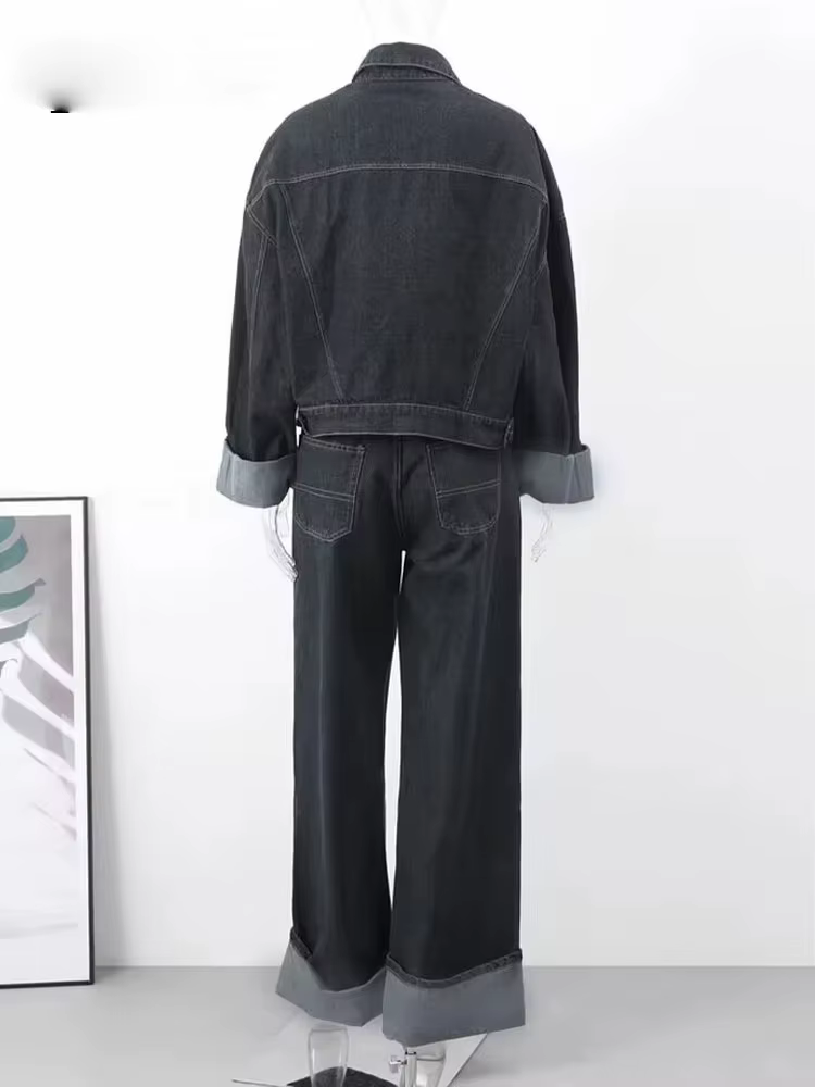 Pantalon en Denim taille haute pour femme, jambes larges + manches longues avec poches à rabat, mant