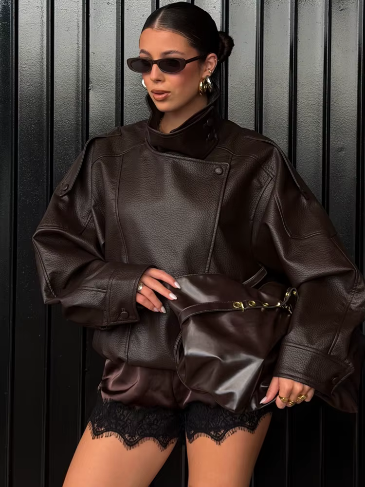 HH Veste en similicuir pour femme Printemps Automne 2026, style motard vintage oversize, coupe ample
