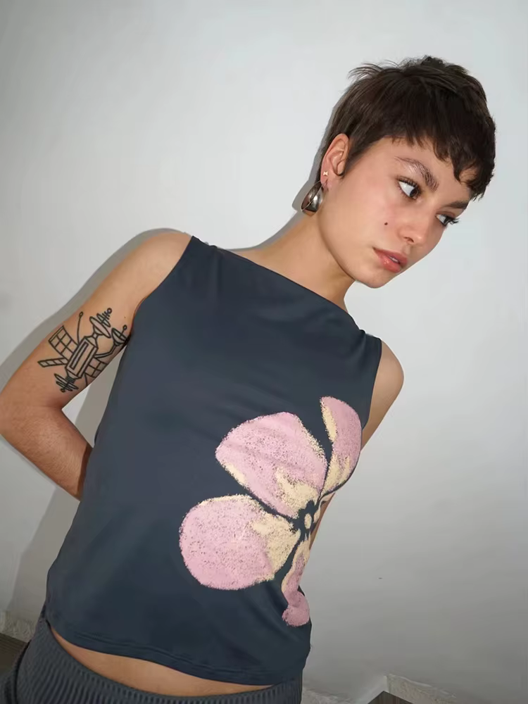 Débardeur court imprimé floral pour femmes, ajusté, col bateau, sans manches, haut d'été pour fête, 