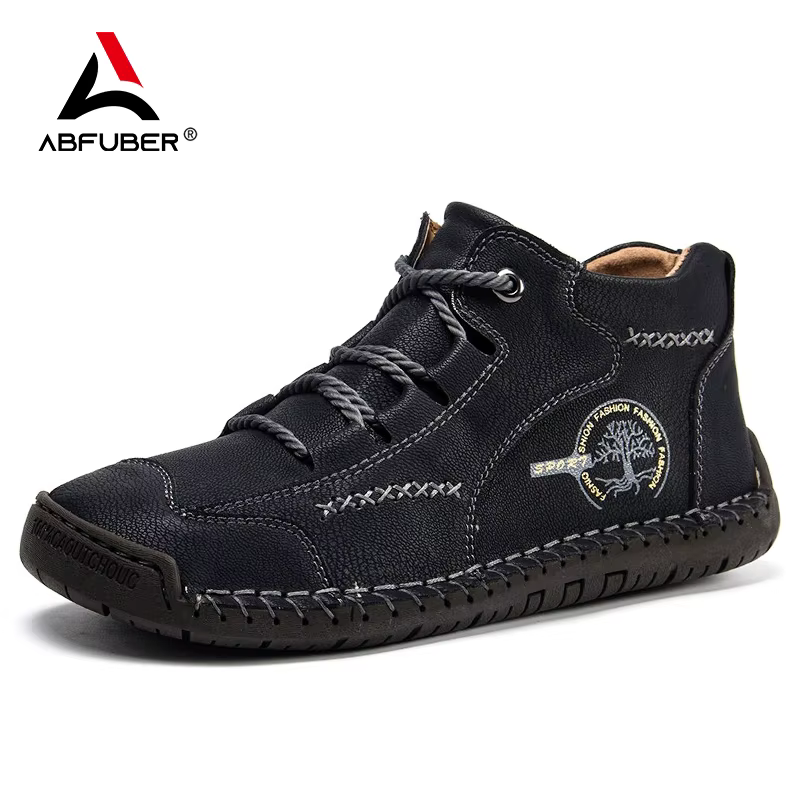 Bottes en cuir cousues à la main pour hommes, chaussures décontractées, automne, cuir verni rétro, b