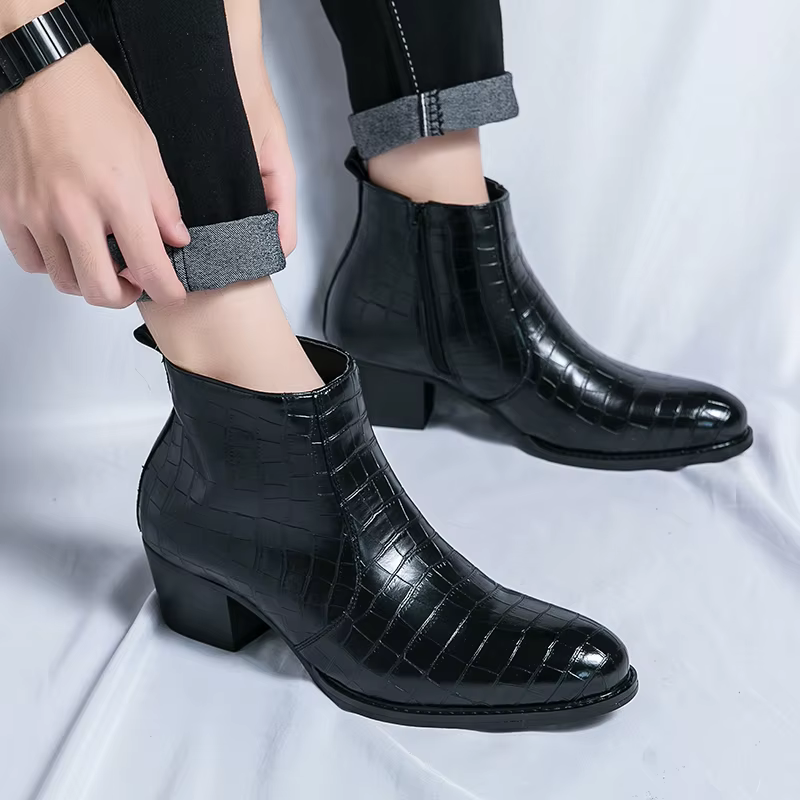 Hommes talons hauts Chelsea bottes PU motif en relief pointu mode classique Banquet hommes bottes