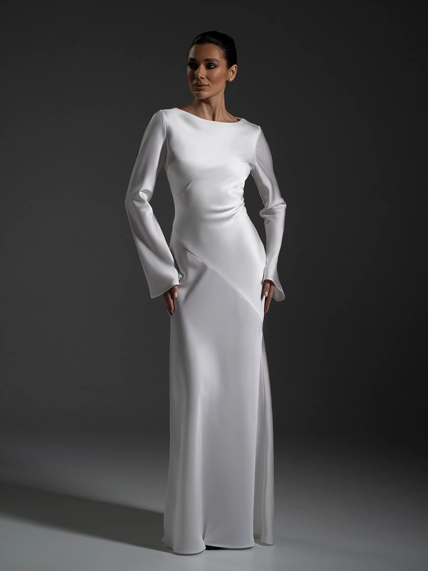 Robe de bal élégante en satin blanc avec fente haute, manches longues en taffetas, robe de mariée mo