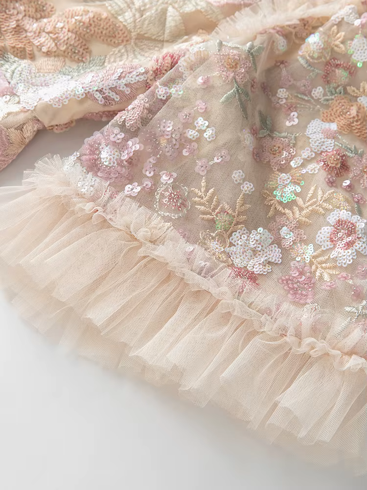 DSXDFACAIRIJ femmes paillettes fleur broderie col rond manches évasées à volants Vintage robe de bal