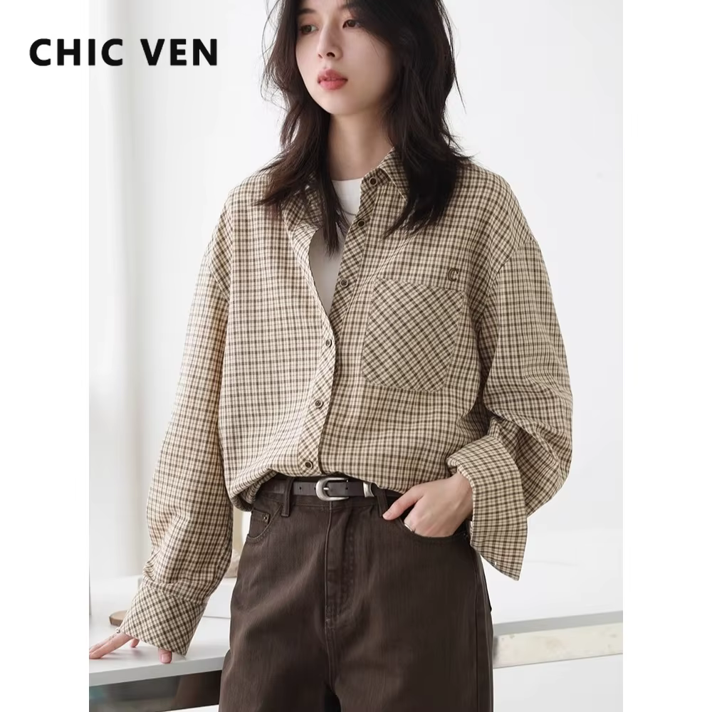 CHIC VEN femmes chemise ample décontracté simple boutonnage nouveau rétro contraste Plaid brodé Blou