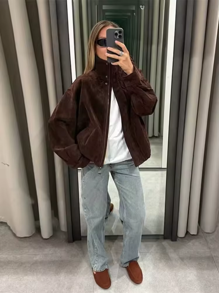 2025 hiver Vintage marron daim vestes amples femmes décontracté col montant poche épais manteau auto