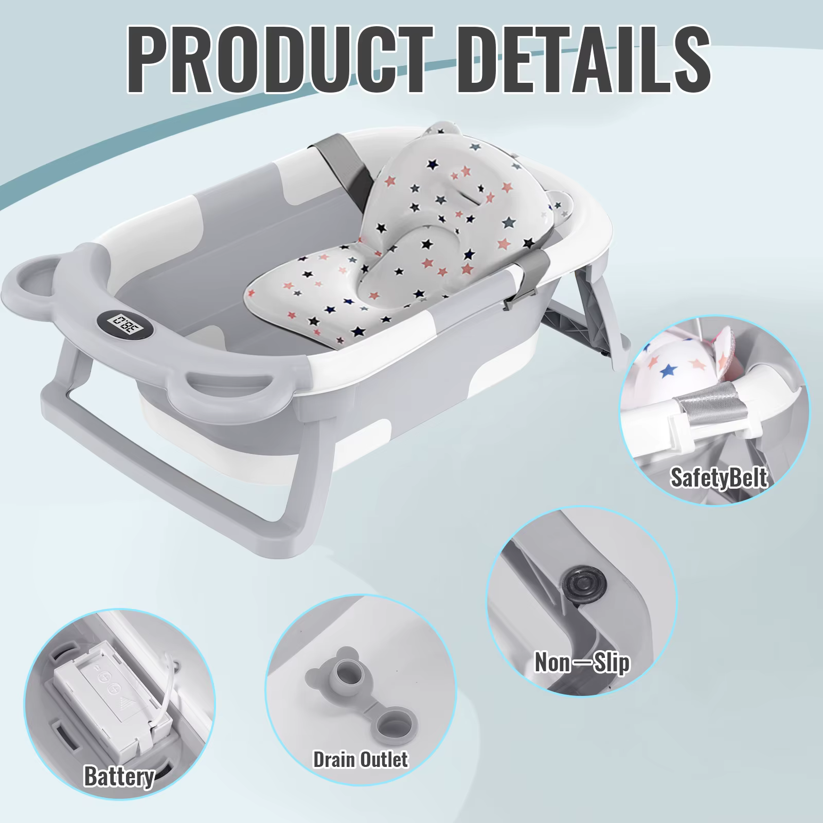Baignoire pliable pour bébé avec thermomètre, baignoire de voyage portable avec tapis de bain doux, 