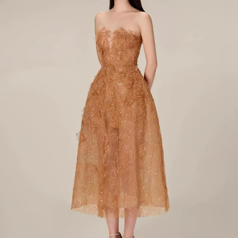 Robe de Soirée en Dentelle pour Femme, Tenue Élégante, Taille Haute, Col Rond, 20234