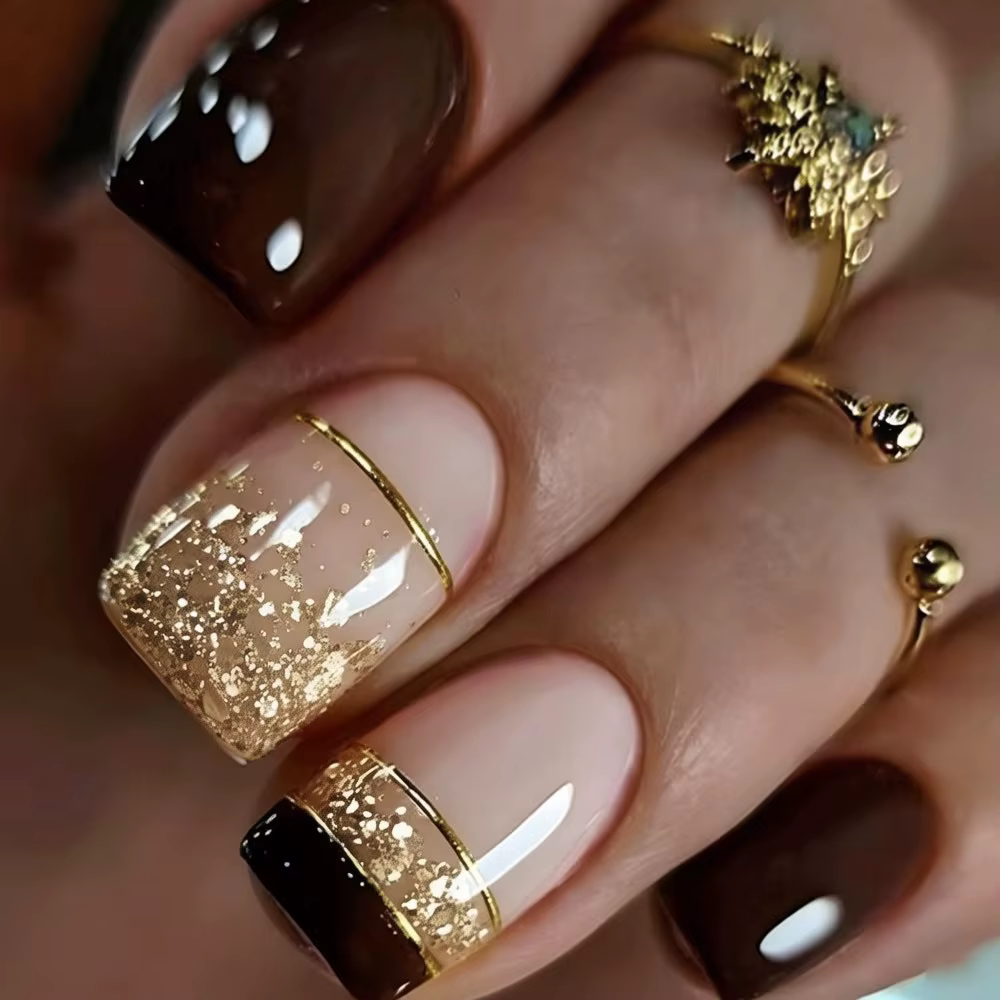 24 pièces/ensemble faux ongles carrés courts pour femmes filles faux ongles mode paillettes fleurs g