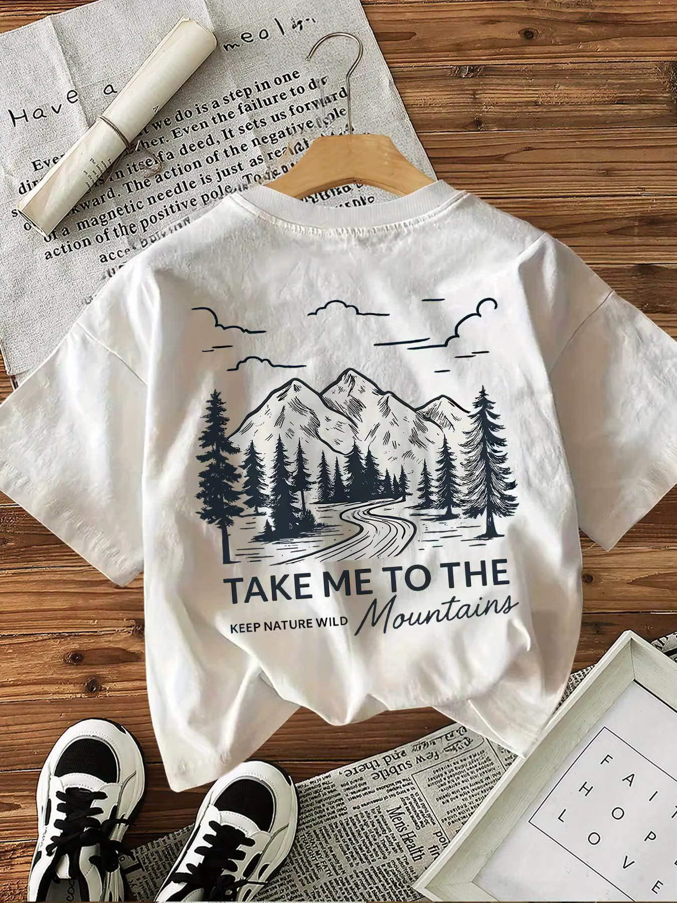 100% coton femmes T-Shirt montagne paysage graphique T-Shirt avec "Take Me To The Wild" Slogan décon