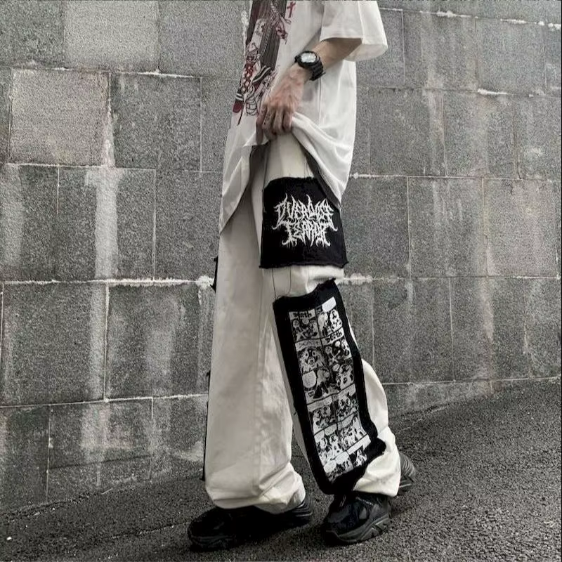 Pantalon cargo gothique punk pour femme, pantalon Anime Patch, taille haute, noir, fjcasual, Harajuk
