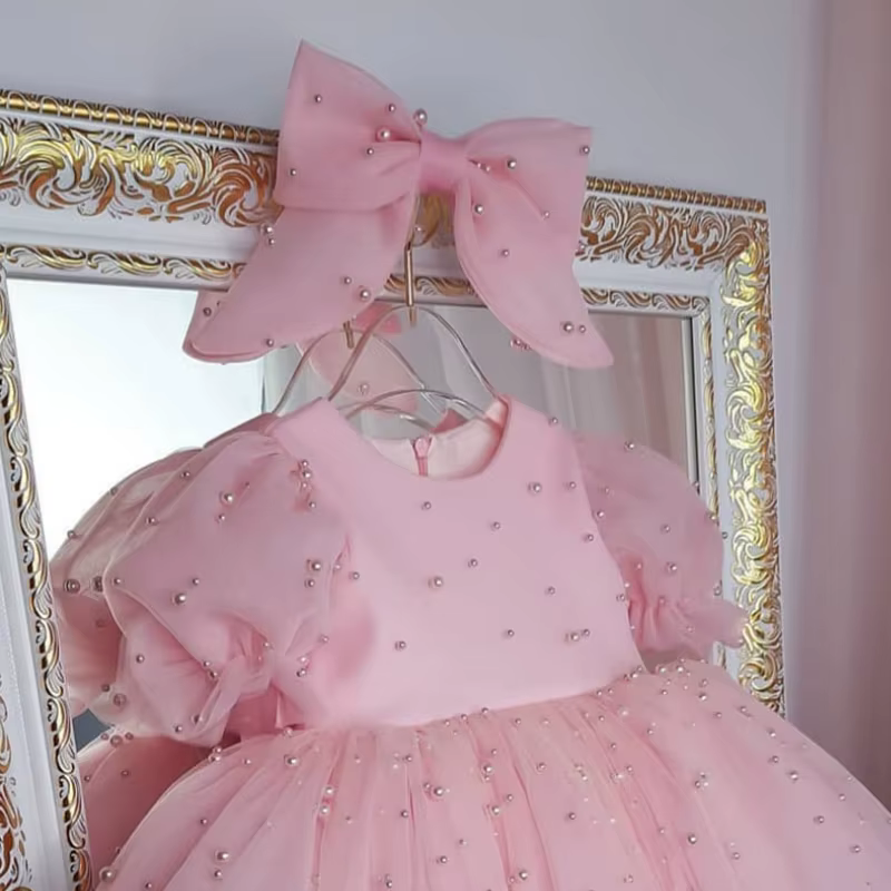 Robe de princesse tutu perlée pour bébé fille, manches bouffantes, nœud en tulle, vêtements de fête 