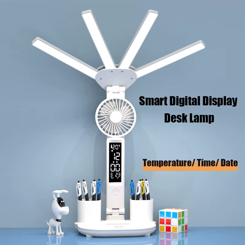 Lampe de bureau multifonctionnelle 3 en 1, lampe de bureau LED pliante à quatre têtes avec ventilate