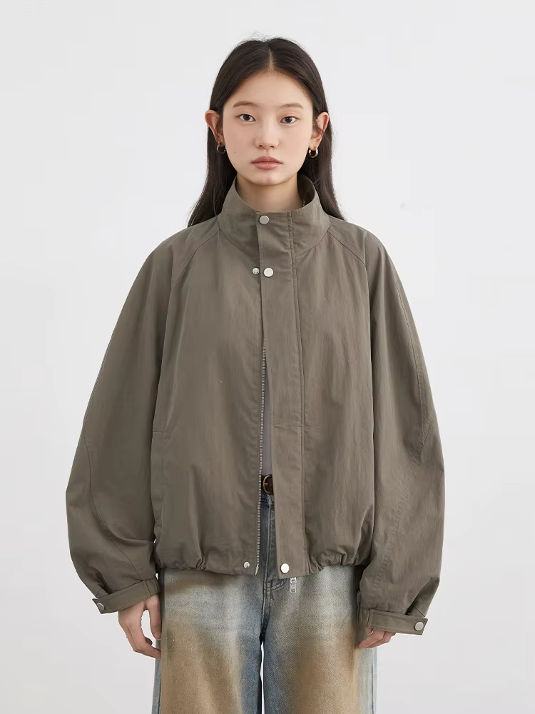 CHIC VEN Blouson court pour femme, style coréen, uni, décontracté, coupe ample, col montant, avec co