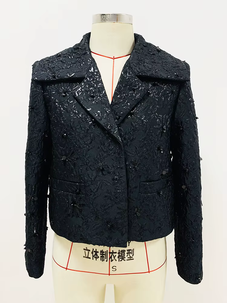 HIGH STREET Nouveauté 2026 Veste de créateur pour femme, style défilé, ornée de perles et de jacquar