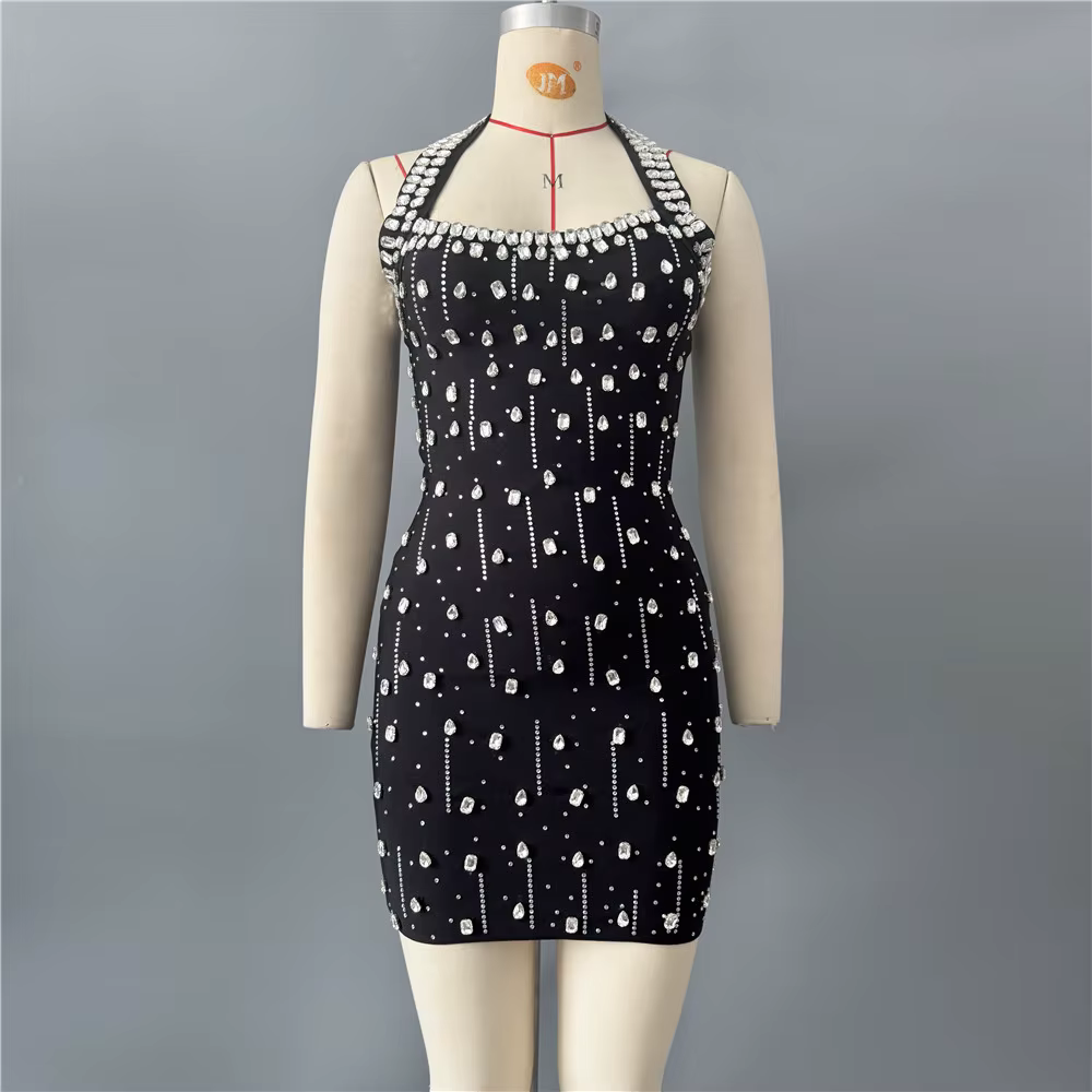 Robe de soirée mini pour femme, style halter, ornée de strass et de diamants, idéale pour les clubs 