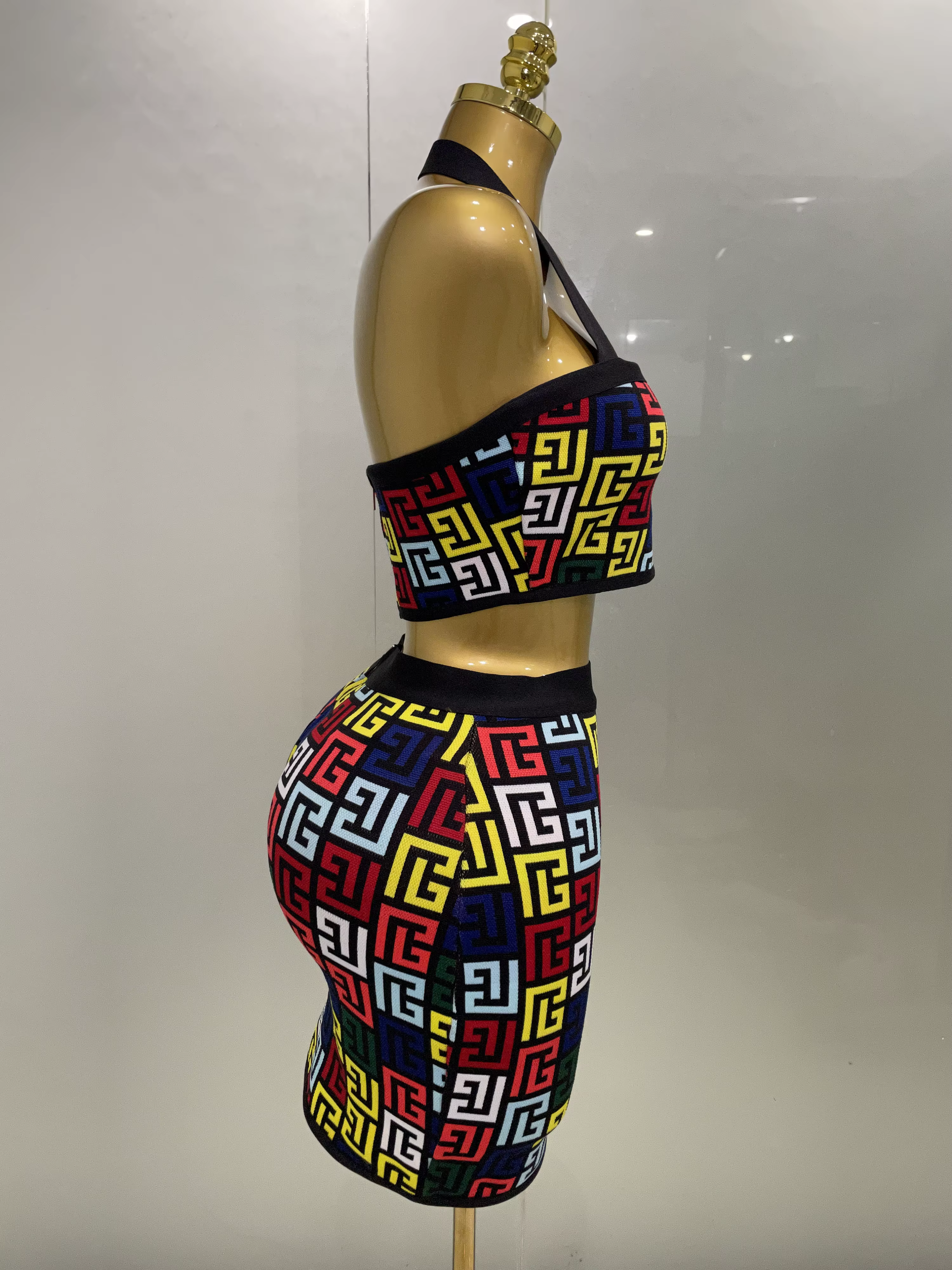 Femmes 2025 nouveau Sexy dos nu licou Jacquard deux pièces Mini jupe ensemble de bandes célébrité co