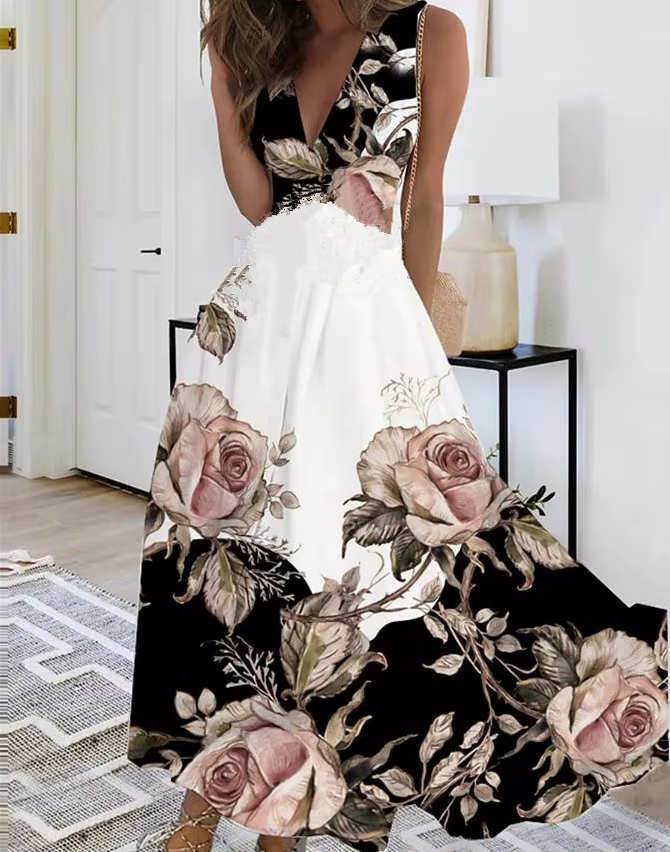 Robe mi-longue élégante pour femmes, tenue d'été, taille haute, sans manches, imprimée, Sexy, été, Л