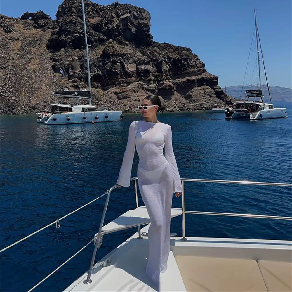Cryptographic-Robe Longue en Tricot à Manches sulf, Tenue Sexy, Dos aux, Vêtements de Plage Élégants