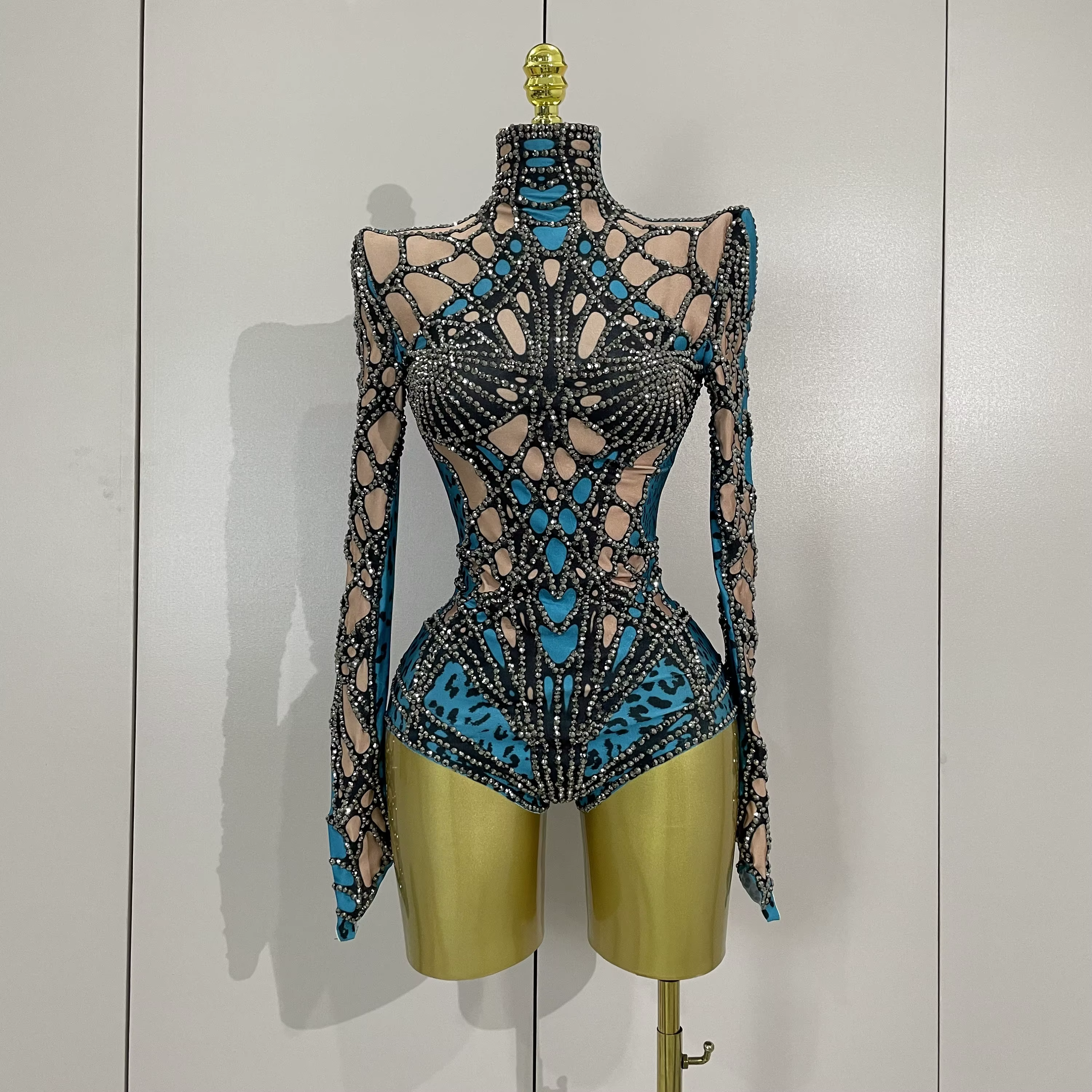 Body extensible à manches longues avec strass scintillants pour femmes, Costume de soirée de luxe po