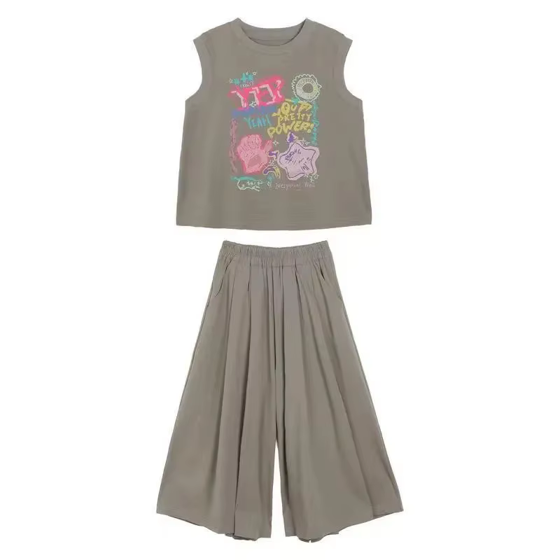 Tenue d'été 2 pièces pour fille – Ensemble débardeur et pantalon large avec imprimé Alphabet, léger 