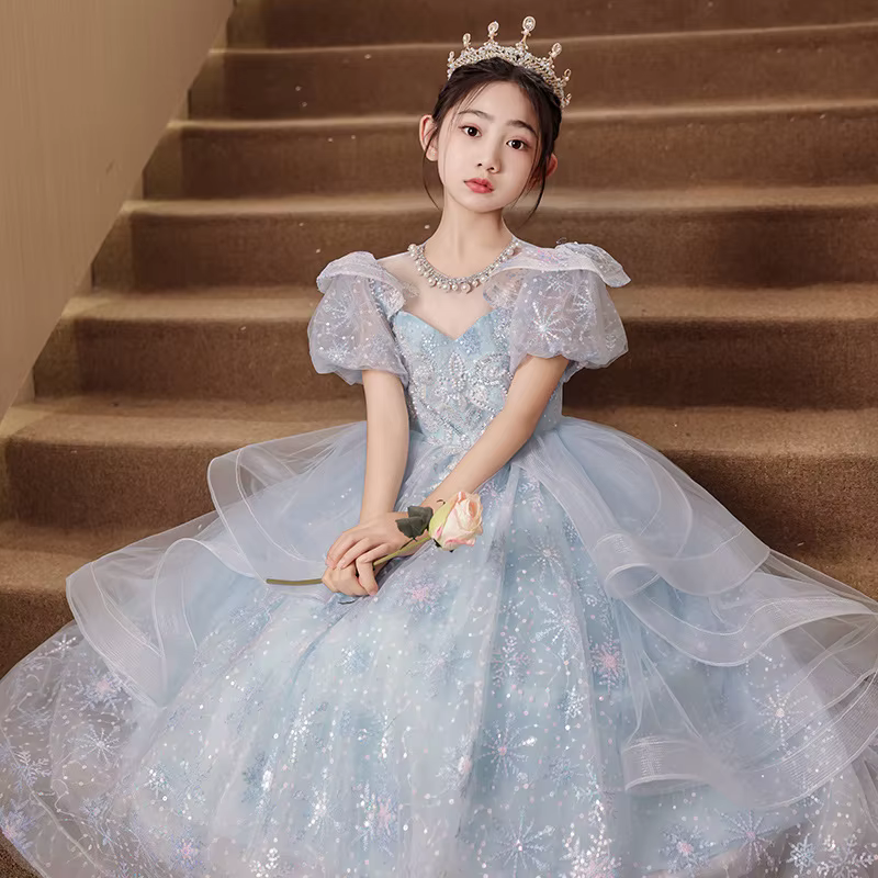 Robe de princesse bleue haut de gamme pour filles, robe de bal bouffante de luxe en Tulle, robe de s