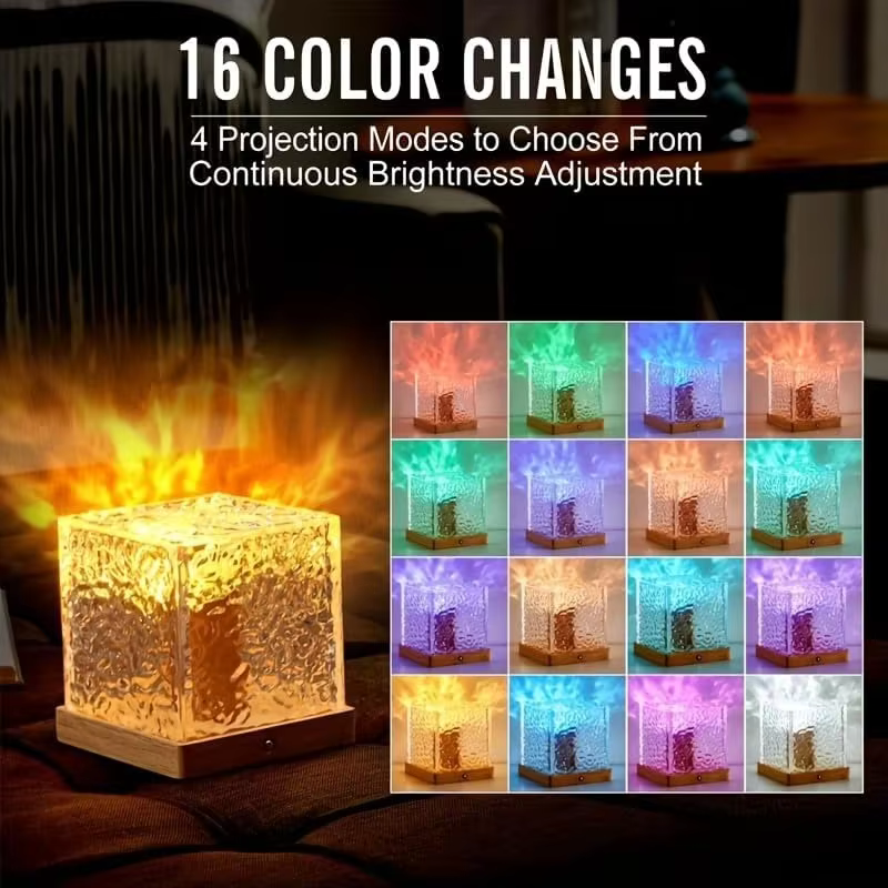 Projecteur d'ondulation d'eau rotatif dynamique, veilleuse 3/16 couleurs, lampe en cristal de flamme