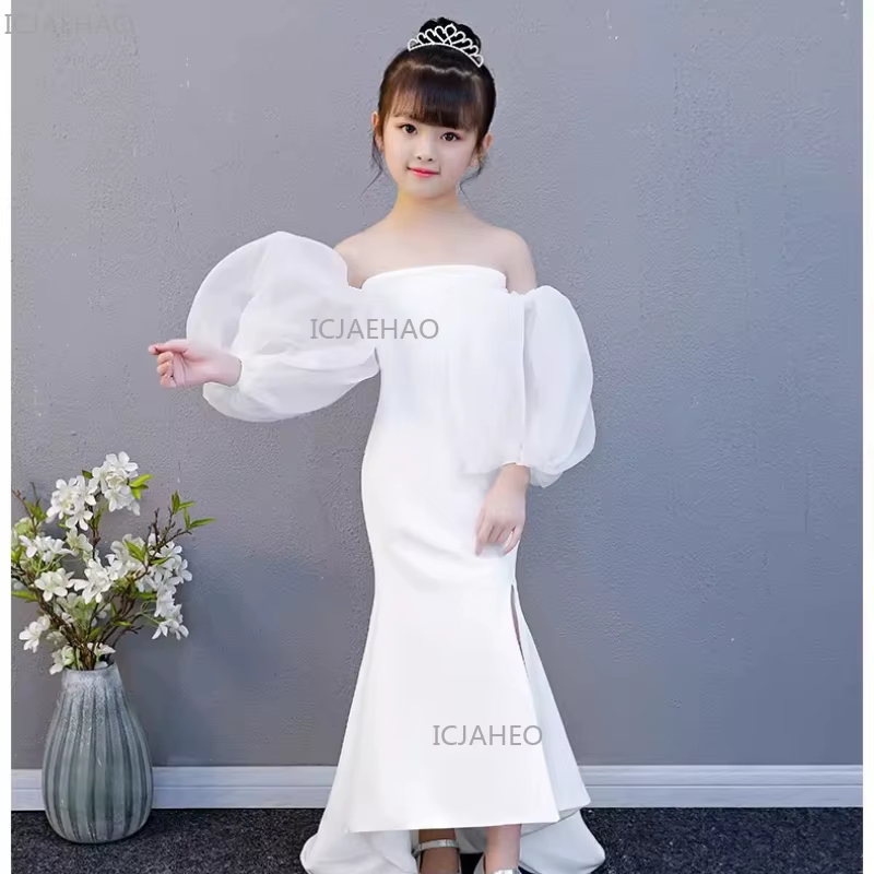 Robe sirène blanche sans bretelles pour filles avec traîne, tenue de cérémonie pour fête, costume de