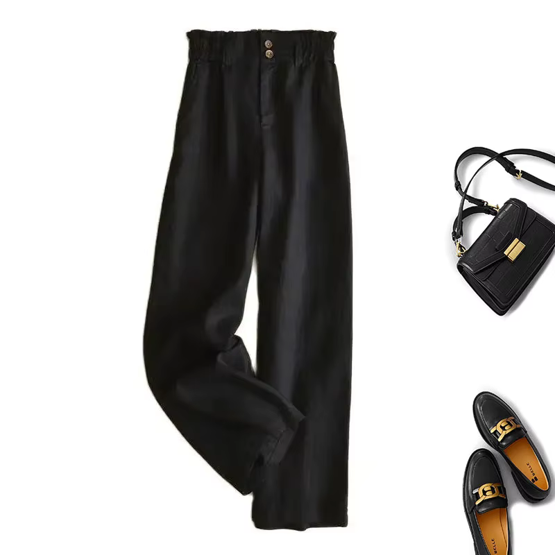Pantalon en lin monochrome pour femme, décontracté, basique, élastique, taille haute, jambe large, l